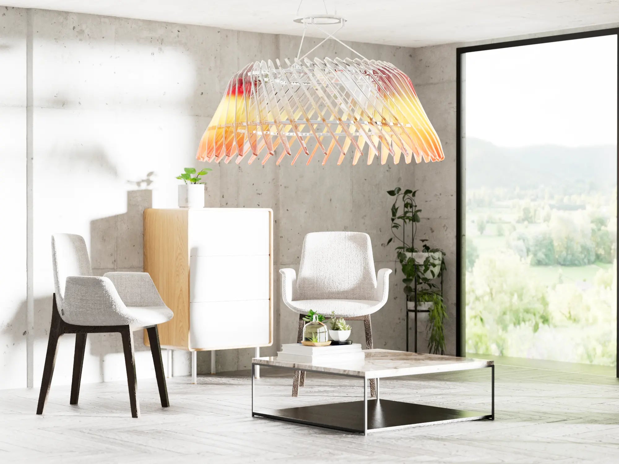Lampadario in vetro arancione ambientato in un salotto moderno